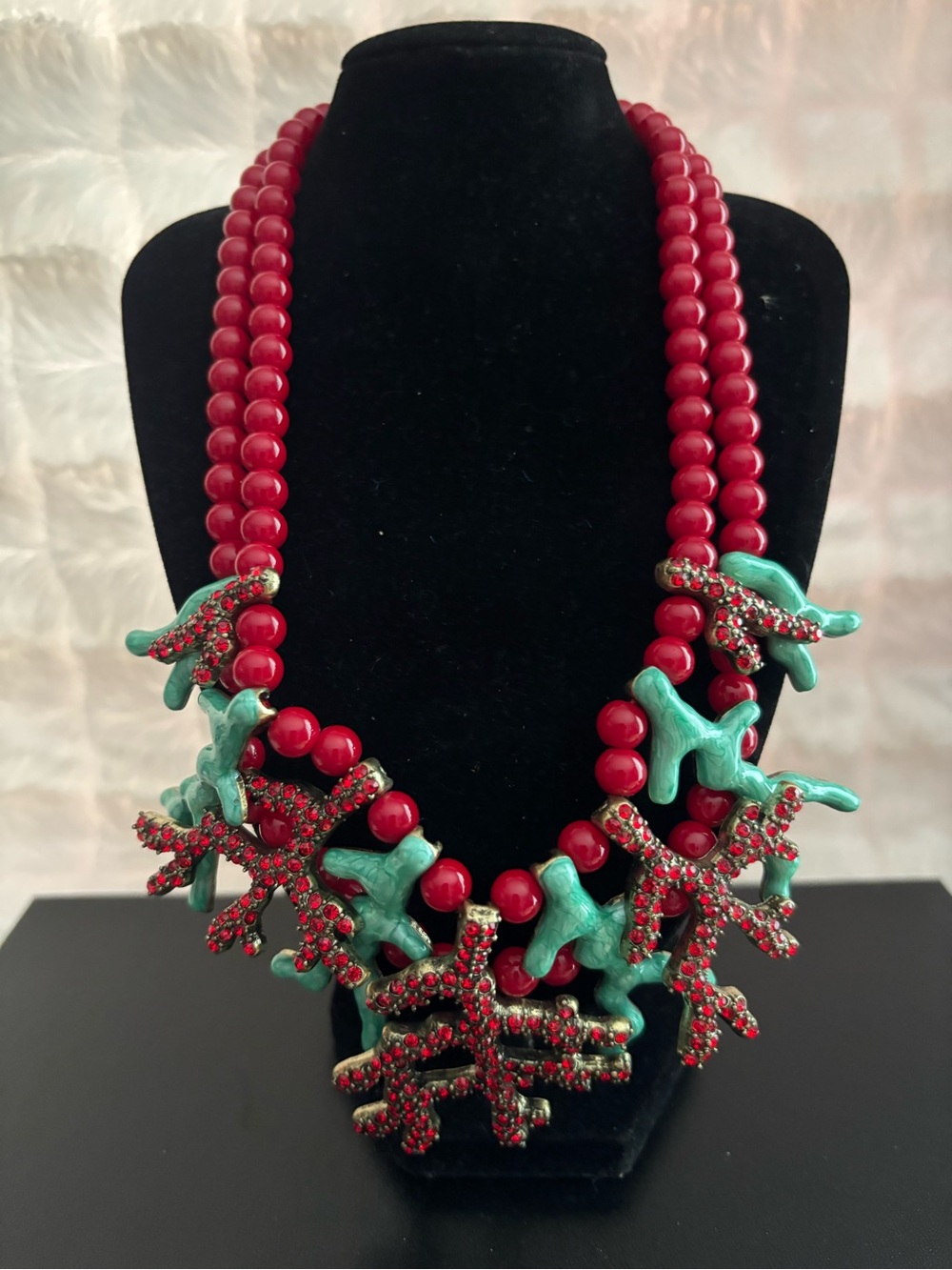 Heidi Daus Red and Turquoise Coral Cluster Statement Necklace
